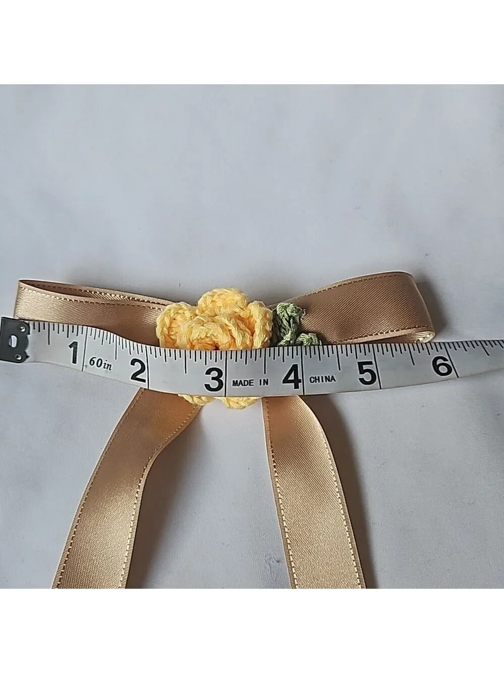 Gold Bow Hair Clip Yellow Crochet Rose Handmade
